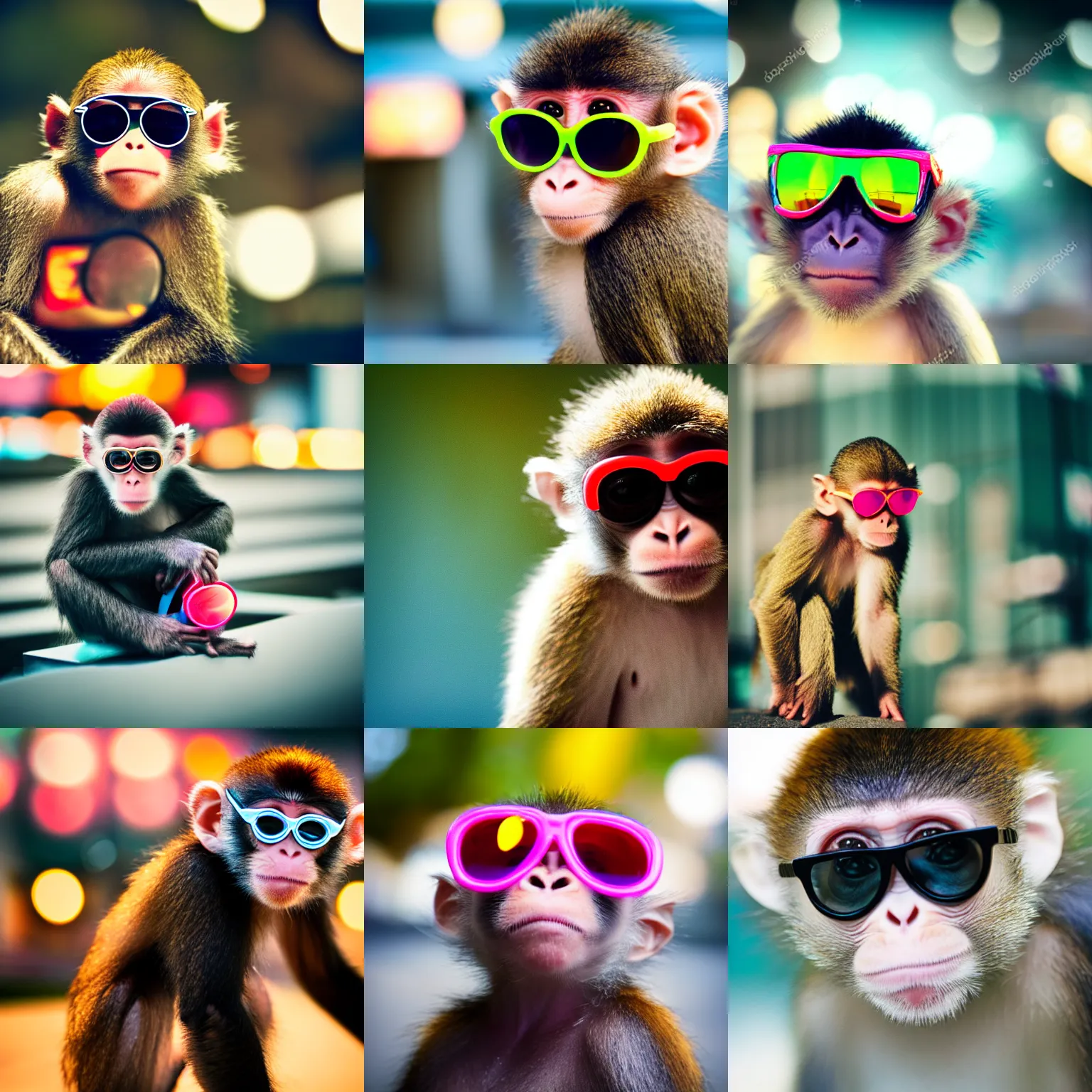 Prompt: cute baby monkey with sunglasses, bokeh, neon city