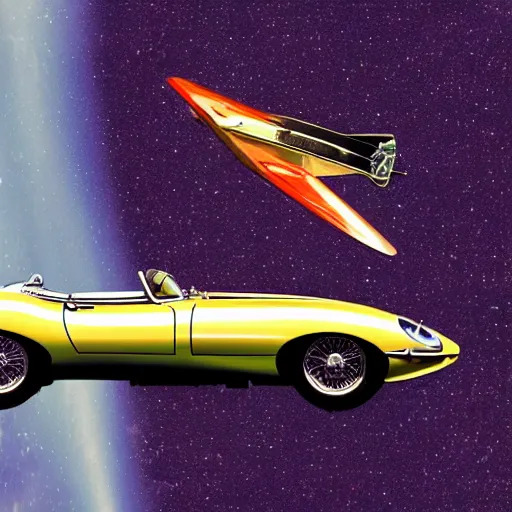 Image similar to a retro sci fi wallpaper of a jaguar e - type series 1 roadster flying in space