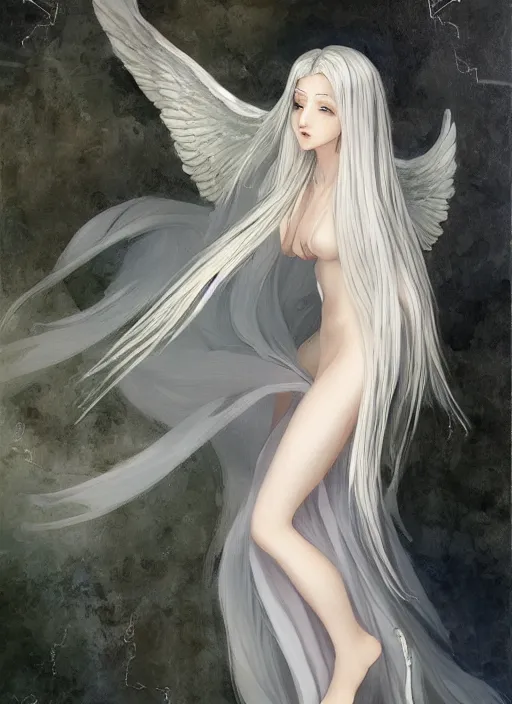 Image similar to thin angel with silver hair so pale and wan!, wearing robes, covered in robes, anime goddess manga, flowing hair, pale skin, young cute face, covered!!, clothed! oil on canvas, style of lucien levy - dhurmer and jean deville, 4 k resolution, aesthetic!, mystery