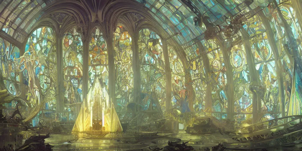 Prompt: a futuristic cathedral underwater, photorealistic, people, fishes, light rays from above the surface, realistic paint, specular light, high contrast, highly detailed, 4k, shallow depth of field, cinematic light, concept art, artstation, art by Enrich Victor, Alphonse Mucha