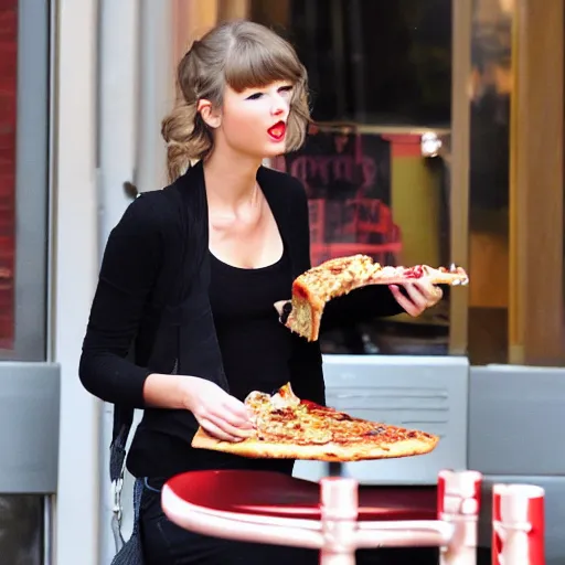 Image similar to paparazzi photo catches feedee Taylor Swift eating an entire pizza by herself with her big bloated belly on display