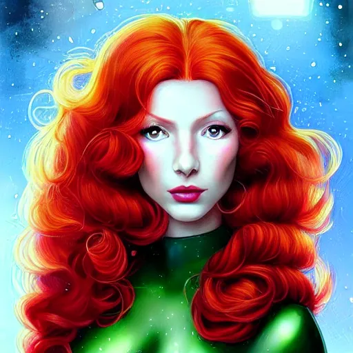 Image similar to Redhead Pleiadian alien human beautiful hybrid feminine woman, long gorgeous red hair in loose curls, with stunning green eyes, cute round face and a roundish nose, as a retro futuristic heroine, gorgeous digital painting, artstation, concept art, smooth, sharp focus, illustration, art by artgerm and donato giancola and Joseph Christian Leyendecker, Ross Tran, WLOP