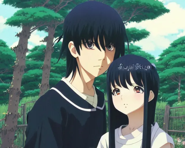 Image similar to beautiful anime girl with long black hair and bangs, beautiful anime guy with black hair, wearing black clothes, siblings, fine details portrait, japense village in background, bokeh. anime masterpiece by Studio Ghibli. illustration, sharp high-quality anime illustration in style of Ghibli, Ilya Kuvshinov, Artgerm