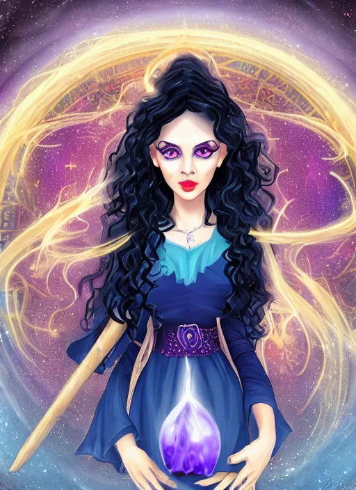 Prompt: a beautiful witch with long curly dark hair, large blue eyes holding a wand with a very large magical gemstone at the top radiating energy