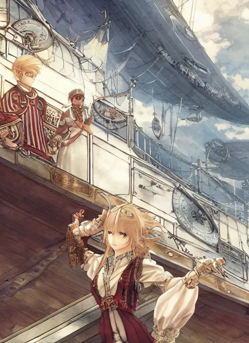 Prompt: character portrait of the white herald on the deck of an imperial airship in the sky, hidari, color page, tankoban, 4K, tone mapping, Akihiko Yoshida.