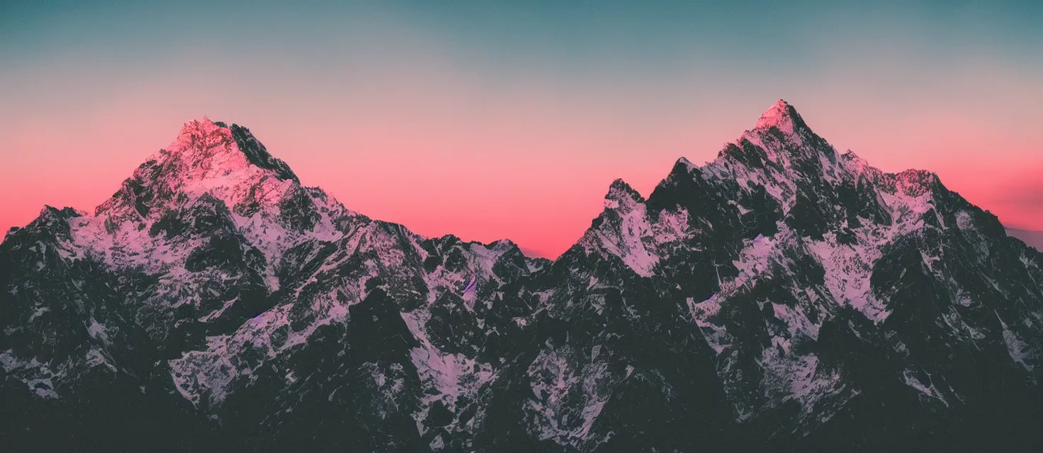 Image similar to beautiful mountain landscape, vaporwave, sunset, professional photography