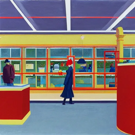 Prompt: red people with clouds at yellow blue art deco empty grocery store, open ceiling, highly detailed, painted by Francis Bacon and Edward Hopper, painted by James Gilleard, surrealism, airbrush, art by James Jean