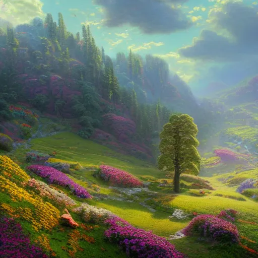 Prompt: an expressive oil painting of an ornate fractal landscape. painterly rolling hills. beautiful scenery. by thomas kinkade. masterpiece, 8 k, octane render, vivid, highly detailed.