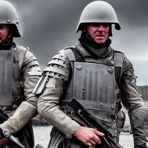 Prompt: British mercenaries wearing grey body armor and MICH combat helmets in the aftermath of a bloody battle, photo by Adam Ferguson, Pulitzer Winning, cinematic composition, breathtaking, modern, 8k, taken in 2022