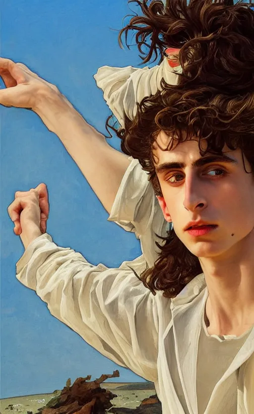 Image similar to Timothee Chalamet, the most beautiful androgynous man in the world, intense painting, sunny day at beach, +++ super supper supper dynamic pose,  digital art, art by j.c. leyendecker