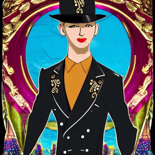 Image similar to A very handsome jewelpunk young man. A Jewelpunk society would be one of gleaming perfection, where every surface is adorned with sparkling gems and jewelry. The skies would be a rainbow of colors, as light reflecting off of the endless gems creates a spectrum of hues. The people would be impeccably dressed, with each outfit adorned with jewels that match their personality and status. Even the weapons and other tools would be made out of precious metals and gems, adding to the overall air of opulence. Men are objectified as much as women.