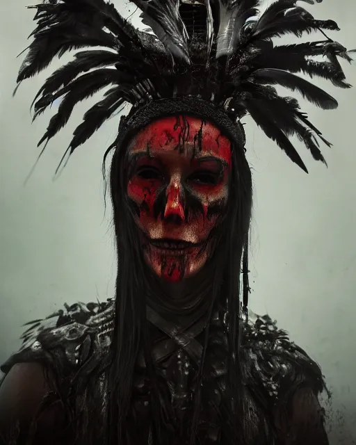 Prompt: the ghost - spirit of the grim - warpaint wears the scarlet skull armor and native blood headdress feathers, midnight fog - mist!, dark oil painting colors, realism, cinematic lighting, various refining methods, micro macro autofocus, ultra definition, award winning photo, photograph by giger and gammell