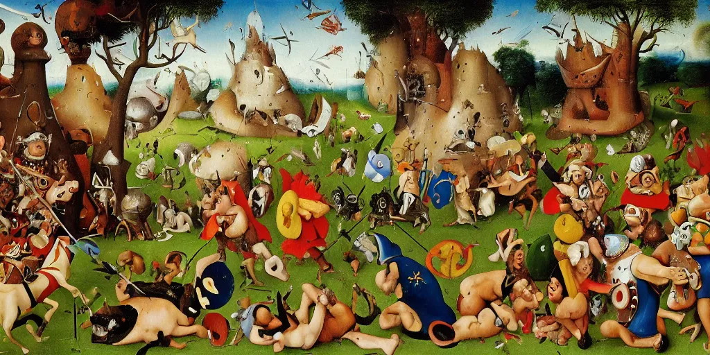 Image similar to Asterix and Obelix in the Garden of Earthly Delights. Oil painting the style of Hieronymus Bosch, highly detailed, Tintin, Snowy, Professor Calculus