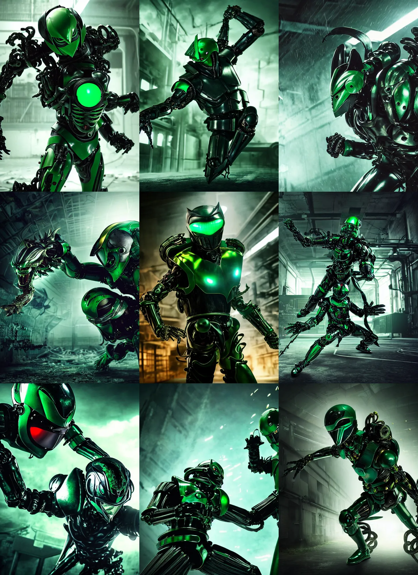 Prompt: Kamen Rider fighting a biomechanical monster in an abandoned electrical plant, action scene, fight scene, rubber undersuit, arthurian knight inspired armor, moody colors, dark green color scheme, 4k, glowing eyes in helmet, industrial environment, horror movie cinematography, electrical plant location, hyper realistic