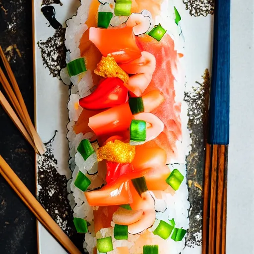 Prompt: professional food photography, a giant sushi roll in the shape of a taco, highly detailed beautiful