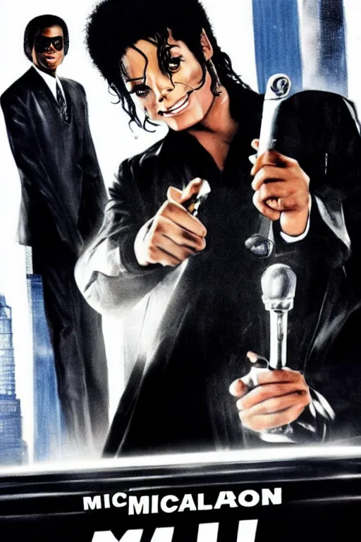 Prompt: 2006 Michael Jackson with short hair in Men in Black movie poster