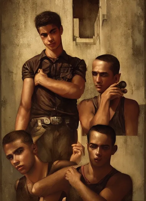 Image similar to portrait of a handsome young cuban buddies in old havana, by tom bagshaw and manuel sanjulian and greg rutkowski