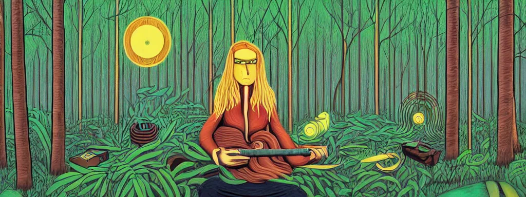 Prompt: a technogaianist long-haired blonde digital musician playing modular synthesizer in the forest, technology and nature in harmony, postmodern surrealist concert poster, grainy, hand drawn matte painting by Tara McPherson and Gary Houston, smooth, sharp focus, extremely detailed.
