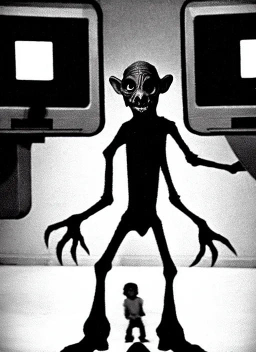 Image similar to creepy realistic scary gangly goblin monster invades the set of a 9 0's childrens tv gameshow, grainy black and white surveillance