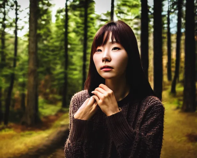 Image similar to close up portrait of an korean woman with beautiful face and modern clothes standing outside of an old cabin, forest in the background, bokeh, depth of field, dramatic lighting, cinematic, vivid colors, matte painting, vivid color scheme