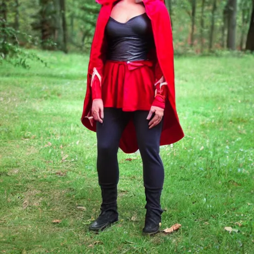 Image similar to full body photo of red riding hood rogue warrior