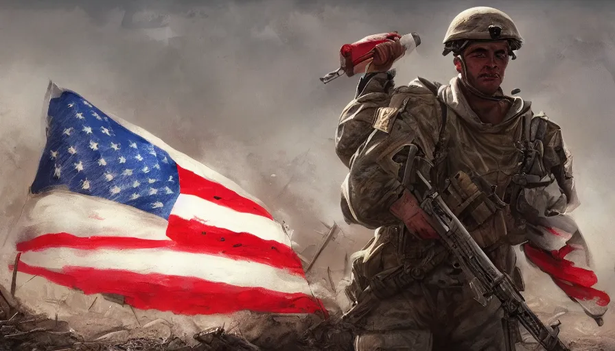 Image similar to Soldier holding the American flag in his hands on a war-torn field, hyperdetailed, artstation, cgsociety, 8k