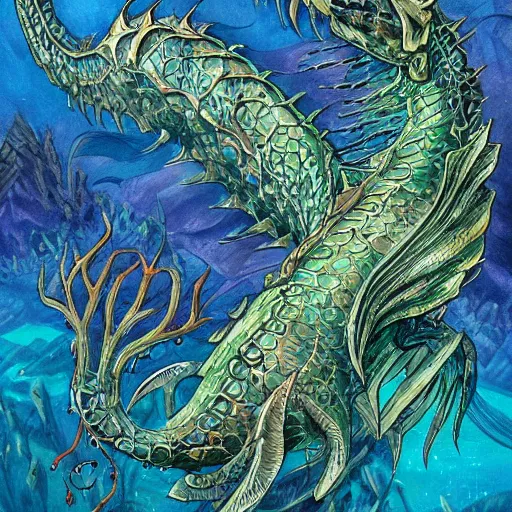 Prompt: underwater sea dragon, d & d style, trending on artstation, colorful, intricate, highly detailed art by aurore folny and ilse gort and yugin maffioli
