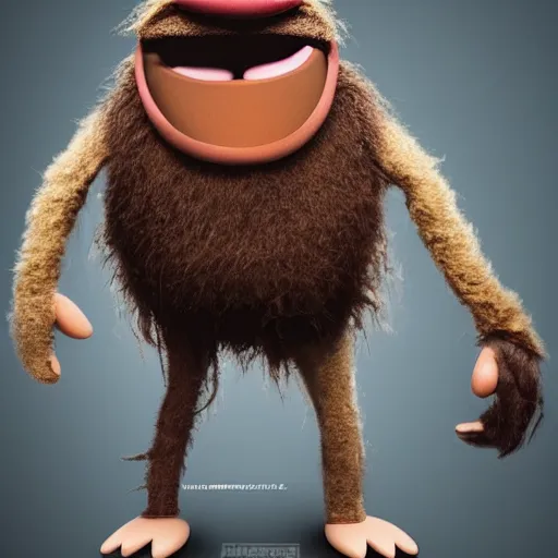 Image similar to a still of a forgotten muppet character looking very manly and modern, hilarious, laughing, hairy chest, huge chin, manly monster tough guy, roughled fur, photo real, photographic, photograph, artstation, trending, featured