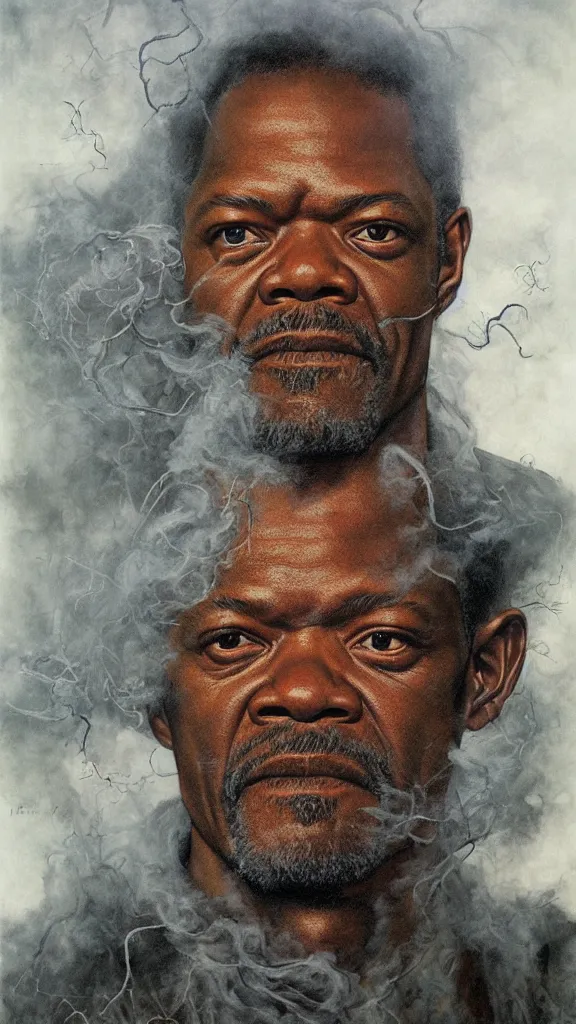 Prompt: portrait of samuel jackson, by alan lee, intricate, smoke trails, lord of the rings calendar, smooth, detailed terrain, oil painting