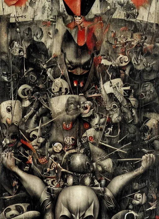 Prompt: The dark knight by Hieronymus Bosch and James Jean, rule of thirds, highly detailed features, perfect symmetry, horror elements, horror theme, award winning