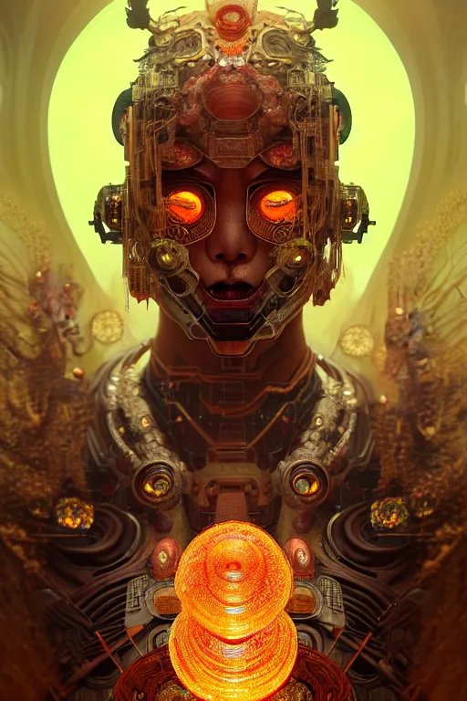 Image similar to asura from chinese myth, ghost, gorgeous and huge head ornaments, dystopian, cyberpunk, organic fractal mycelum and fungi, mecha, halfturn portrait of a big crystal face made of crystals half - turn, ominous, intricate, studio, art by anthony macbain + greg rutkowski + alphonse mucha, concept art, 4 k, sharp focus