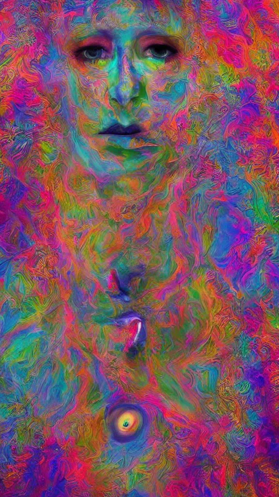 Image similar to hyperrealistic abstract close-up female! portrait Renaissance psychedelic!! celestial happy! pure creature!! peaceful! kind spirit of nature! beautiful fractal!! eyes! highly detailed concept art eric zener elson peter cinematic hard rainbow lighting high angle hd 8k sharp shallow depth of field endless, inspired by Zdzisław Beksiński Salvador Dali