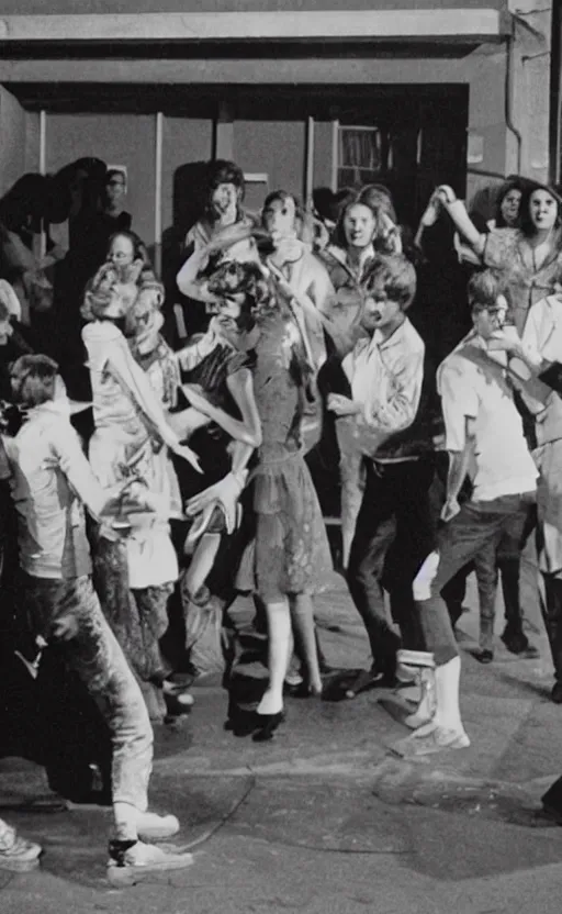 Prompt: patients partying outside the dance club during a war, teenage movie