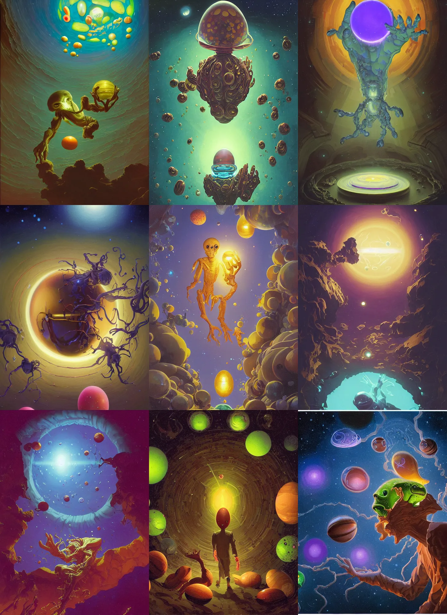 Prompt: opening of the universe's 1 0 th dimension unlocking gravity, scary bioluminescent slimy alien looking near earth, translucent eggs, bright colors, sargent, leyendecker, greg hildebrandt, stephen bliss, intricate fantasy, greg rutkowski, loish, rhads, ferdinand knab, makoto shinkai, ilya kuvshinov, rossdraw