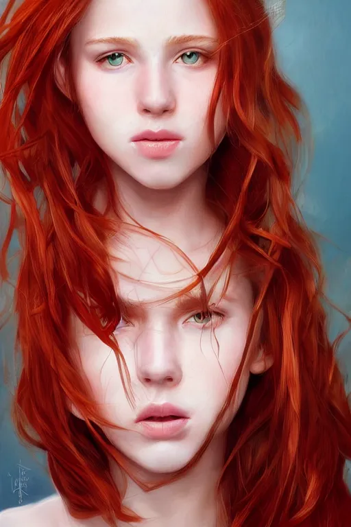 Prompt: ultra realistic style illustration of a beautiful cute red haired joyful and playful 1 9 year old teen, full portrait, long hair, sci - fi, fantasy, intricate, elegant, digital painting, artstation, concept art, smooth, sharp focus, 8 k frostbite 3 engine, ultra detailed, art by artgerm and greg rutkowski and magali villeneuve