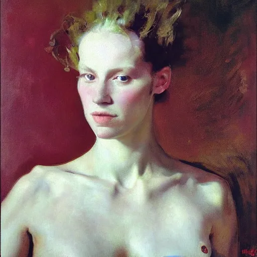 Prompt: A stunning masterful portrait of a striking cryptopunk woman with short pink hair and high cheek bones by Andrew Wyeth, John Singer Sargent, and Norman Rockwell, natural light, oil painting, ethereal, earth tones, strong brushwork