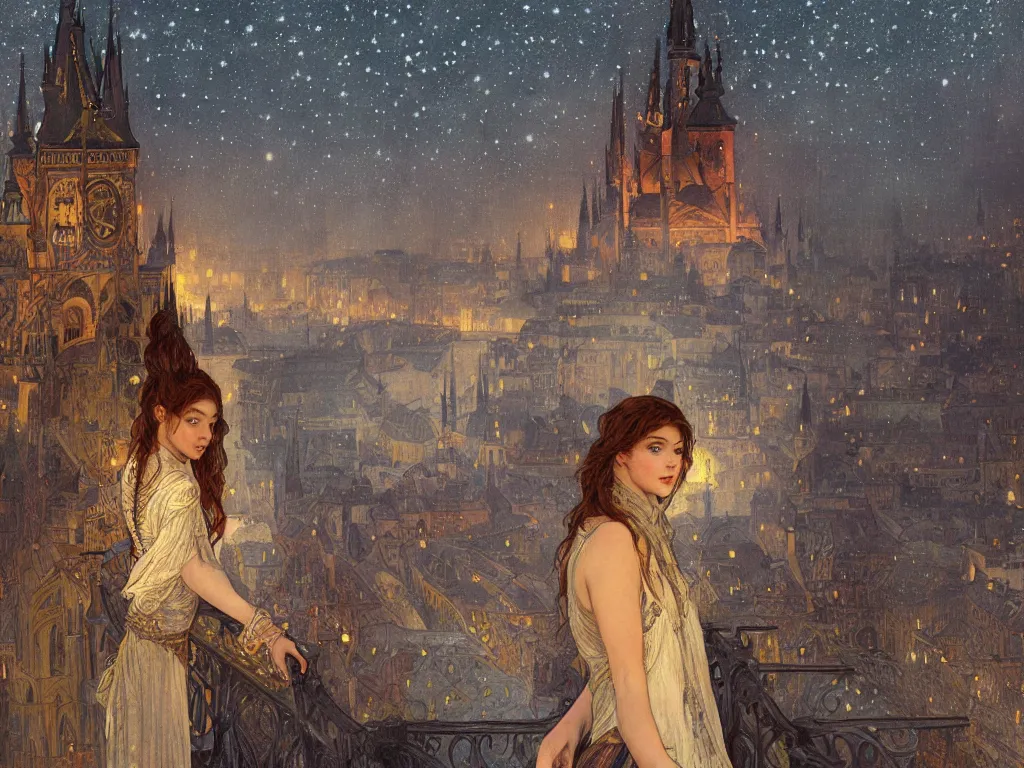 Image similar to a girl watching from the river of a city resembling prague, paris, and venice at night with the sky full of stars, intricate, elegant, highly detailed, digital painting, artstation, concept art, smooth, sharp focus, colored illustration for tattoo, art by krenz cushart and artem demura and alphonse mucha,