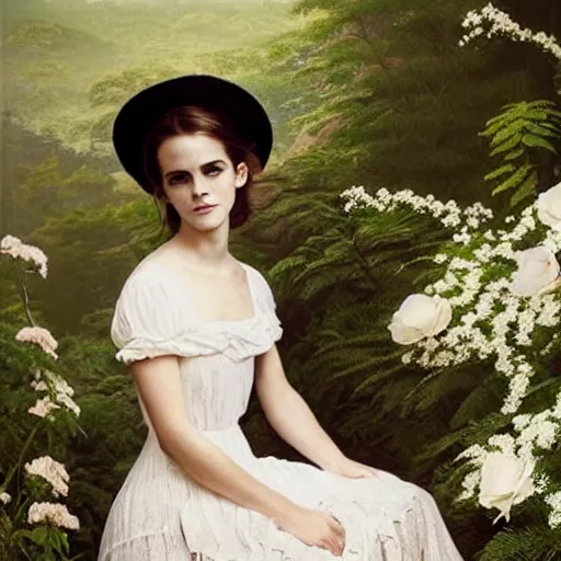 Prompt: full body fashion model emma watson by Hasui Kawase by Richard Schmid smokey eyes makeup eye shadow fantasy, glow, shimmer as victorian woman in a long white frilly lace dress and a large white hat having tea in a sunroom filled with flowers, roses and lush fern flowers ,intricate, night, highly detailed, dramatic lighting , high quality