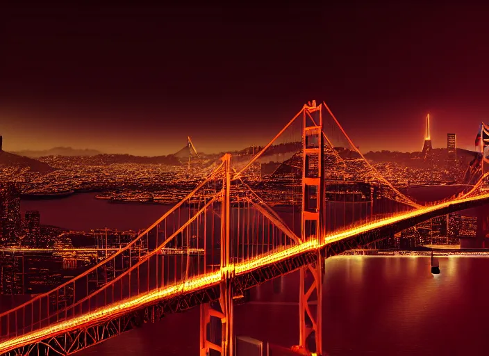 Prompt: cyberpunk scifi scene of san francsico skyline at night, golden gate bridge, artstation, matt painting, very detailed, maximalism, ambient occlusion, volumetric light, atmospheric haze, unreal engine, hyper realism, realistic shading, cinematic composition, realistic render, octane render, detailed textures, photorealistic, wide shot