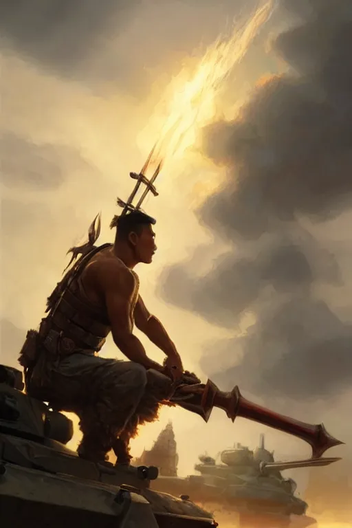 Prompt: side profile of a filipino man sitting on a tank wielding a scepter, highly detailed, d & d, fantasy digital painting, trending on artstation, concept art, sharp focus, illustration, volumetric light, intricate, art by artgerm and greg rutkowski