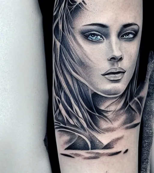 Image similar to tattoo design sketch of a beautiful blue - eyed woman face with a faded background of beautiful mountains and nature on her side, hyper - realistic, in the style of den yakovlev, amazing detail, black and white