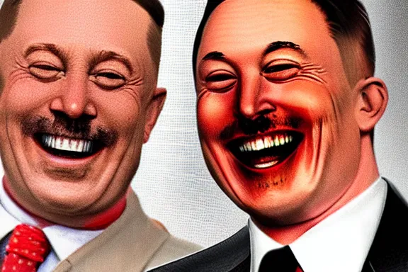 Prompt: “ very very intricate photorealistic photo of hitler and elon musk laughing together, detailed natural lighting, award - winning crisp details ”