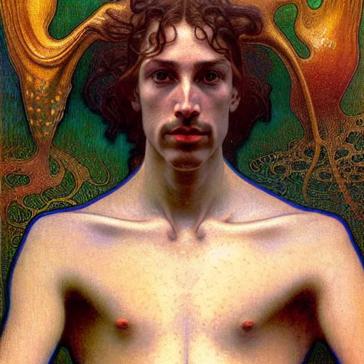 Image similar to realistic .extremely. detailed. portrait painting of an average man by Jean Delville, Amano, Yves Tanguy, Alphonse Mucha, Ernst Haeckel, Edward Robert Hughes, Roger Dean, moody colors, gold eyes