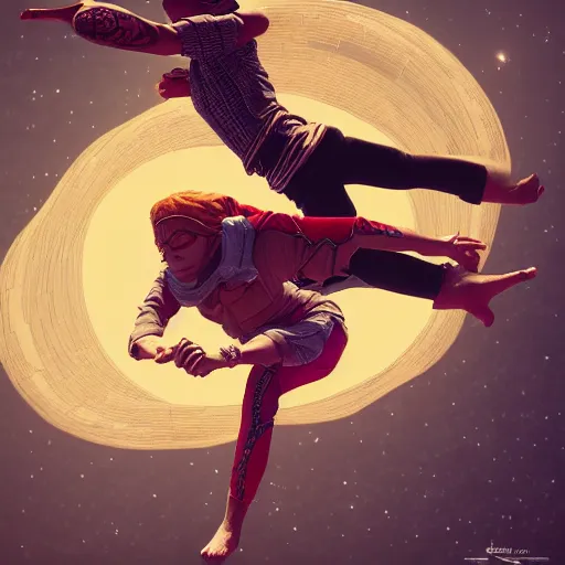 Image similar to rpg character concept art, three people doing acroyoga while floating in space, intricate detail, in the style of jamie hewlett hiroya oku riyoko ikeda, 3 d render, artstation trending, 8 k, octane render, photorealistic, sharp detail, manga, black and white