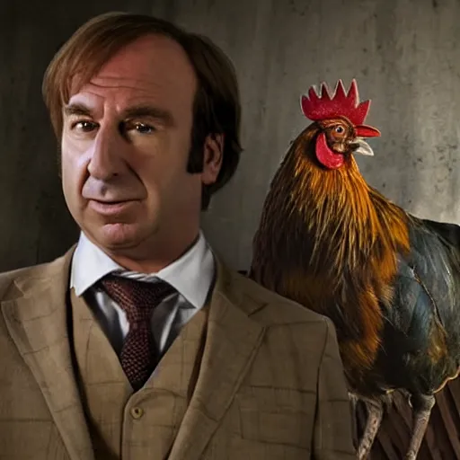 Prompt: saul goodman and a rooster in a medieval torture chamber, saw blades and knives in the background, horror movie, saul goodman!!!, rooster!!!!, real life photo, detailed face!