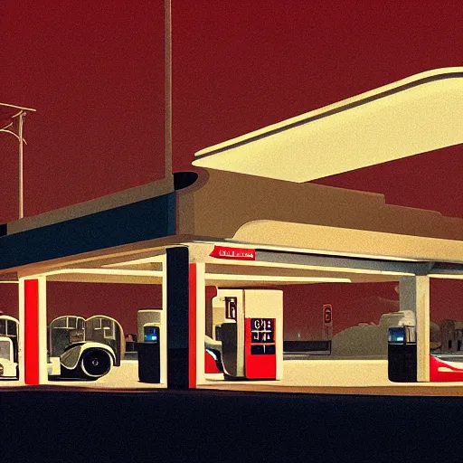 Image similar to a matte painting of a gas station at night by james gilleard, emiliano ponzi, george ault, bauhaus, retrofuturism, concept art, matte background, matte drawing