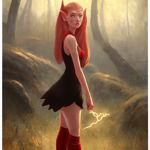Image similar to a painting of an female elf wearing a black dress with blonde hair and red eyes. by edward robert hughes and craig davison and tooth wu and wlop and beeple and greg rutkowski. trending on artstation, highly detailed, volumetric lightning