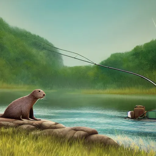 Prompt: painting of Otter in hat with fishing rod, fishing in river on boat near morning forest, stylized, octane render, Ghibli style