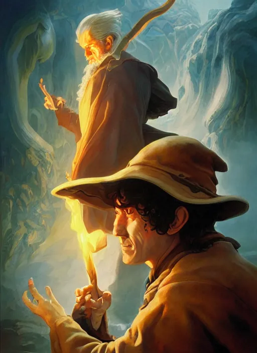 Image similar to portrait painting of hobbit mage, rpg portrait, ambient light, dynamic lighting art by boris vallejo, karol bak, geof darrow