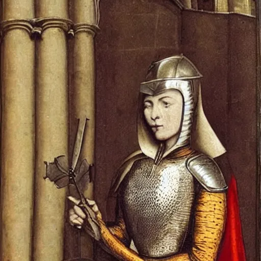 Image similar to portrait of a woman!!!! knight!!, 15th century!! gothic!!!!! medieval cathedral behind her-H 768